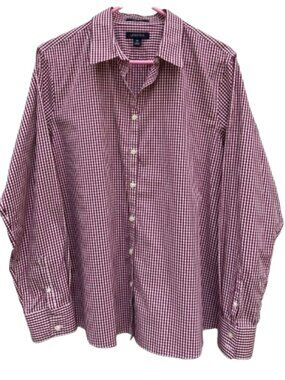 Lands' End Women Shirt LS Gingham Supima Cotton Button Down Burgundy White sz 16